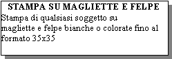 Casella di testo: STAMPA SU MAGLIETTE E FELPEStampa di qualsiasi soggetto su magliette e felpe bianche o colorate fino al formato 35x35